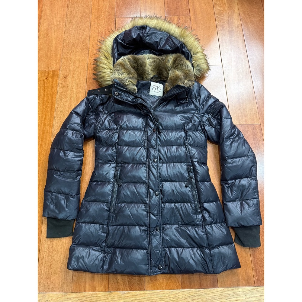 S13 New York Women's Black Chelsea Puffer Down Coat with Faux Fur Trim Hood M‎